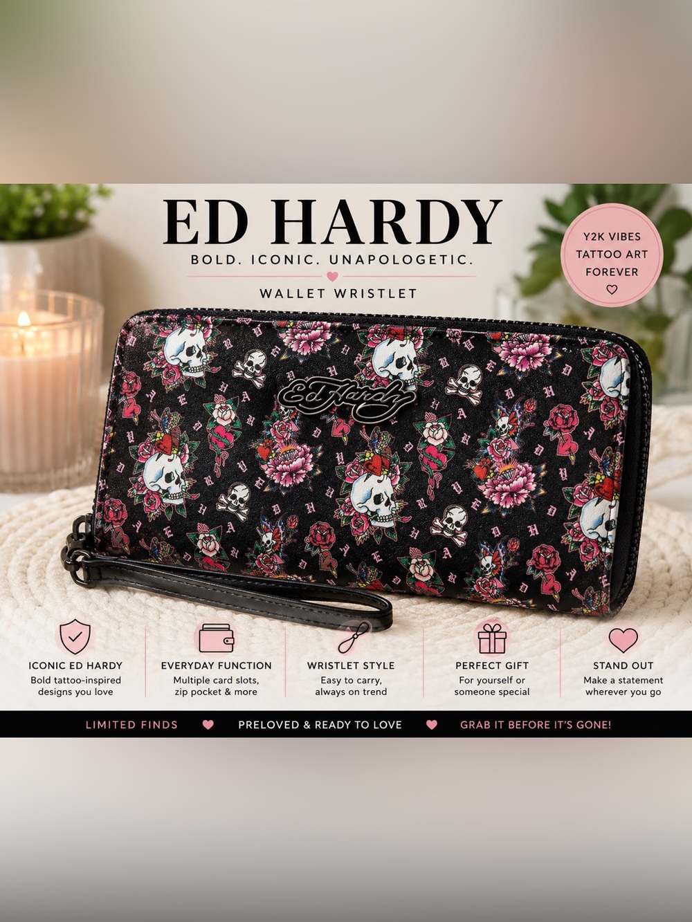 Ed Hardy Skull Rose Wallet Wristlet Y2K Tattoo Gothic Punk Zip Around Wallet NWT